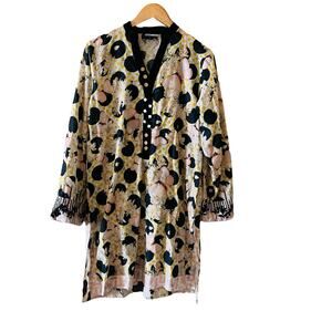 Coco By Zara Shahjahan Butterfly Floral Print Beaded Tunic Top Size Large